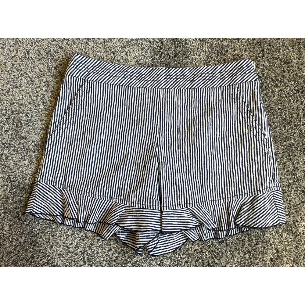 Trina Turk Rockin Ruffle Blue White Striped Shorts Size 2 Side Zip 4” Inseam